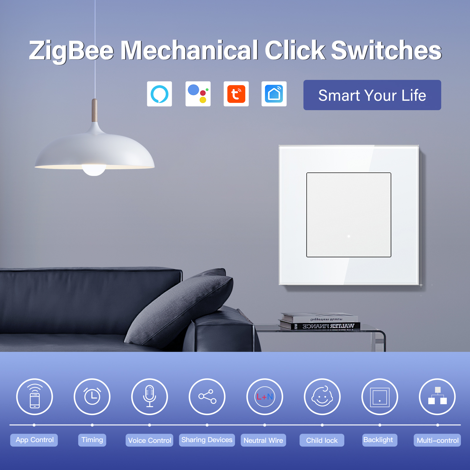 BSEED Zigbee przełączniki klikowe seria 1/2/3/4banda inteligentne przełączniki światła naścienne żółte podświetlenie szklana ramka Tuya APP UE przełączniki schodowe