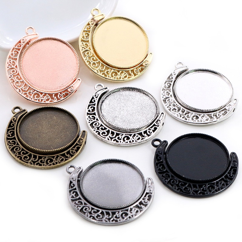 5pcs 18mm 25mm Inner Size Moon Rotation Double Side Antique Silver Plated 7 Colors Cameo Cabochon Base Setting Charms Pendant