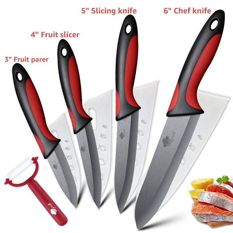 Kitchen Ceramic Knife 3 4 5 6 inch + Peeler Chef Paring Utility Slicing Fruit Vegetable Knife Black Blade Kitchen Cooking Tool: 3456 RED Black