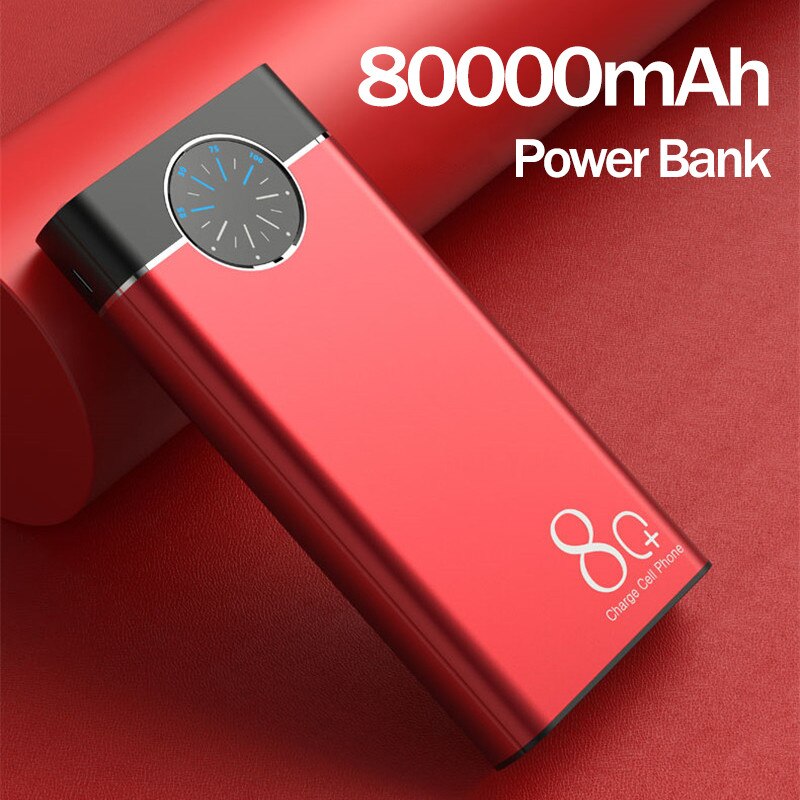 80000mAh Power Bank Portable Phone Charger Large-Capacity LCD Digital Display LED Outdoor Travel for Smartphones Watch PowerBank