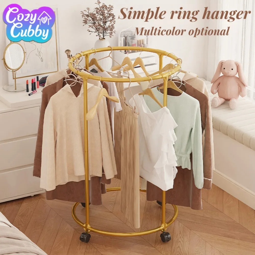 CC Kledingwinkel Displayrek Gouden Ronde Metalen Roterende Kledingstandaard met Wielen Beweegbare Ringvormige Kleding Organizer Rack
