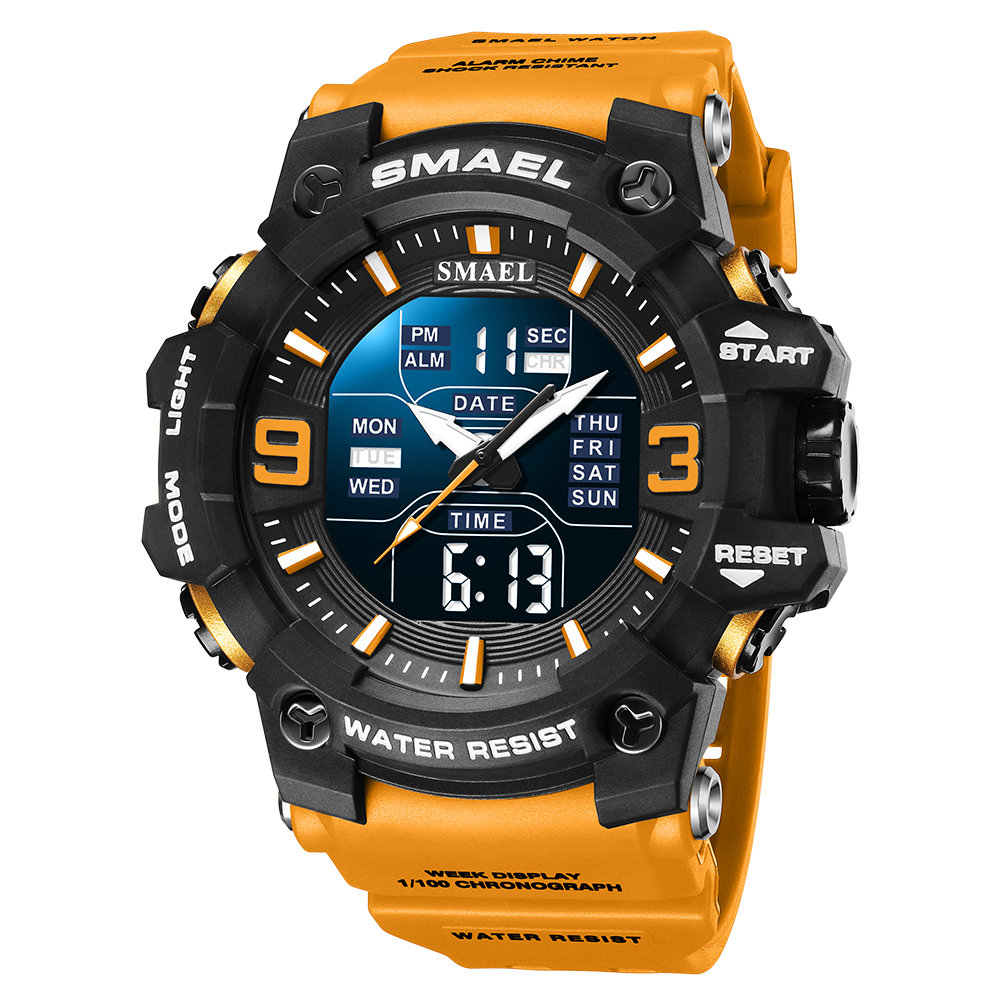 Smael 8049 Horloge Sport Led Licht Wekker Dual Time Display Waterproof Week Auto Date Polshorloges Quartz: orange