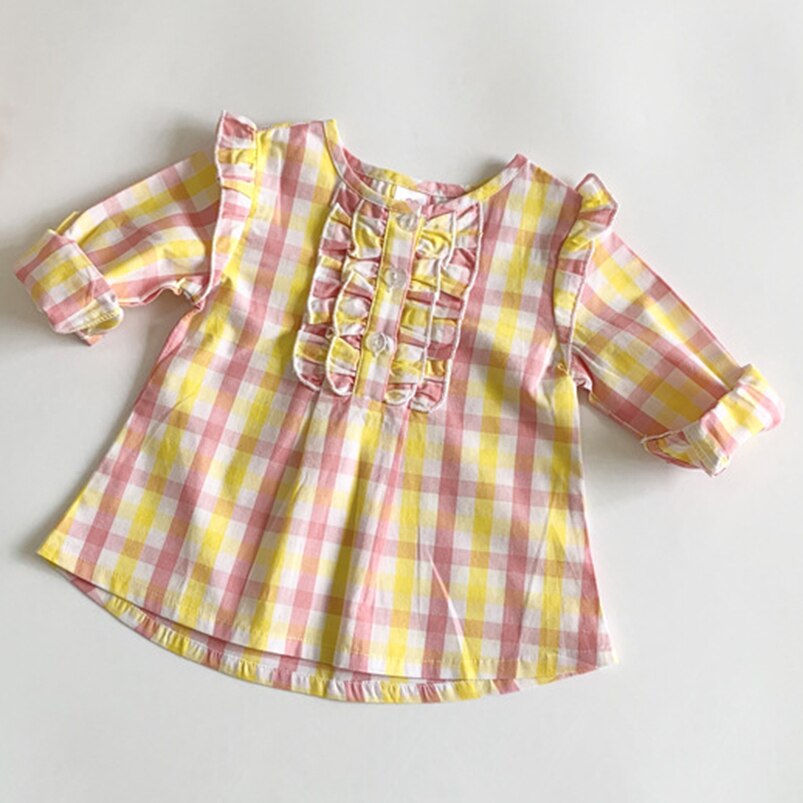 Camicia per ragazze a quadri rosa/gialla camicetta per bambini per bambini primavera proprietà abbigliamento per ragazze camicia per bambini camicia in pizzo principessa neonato