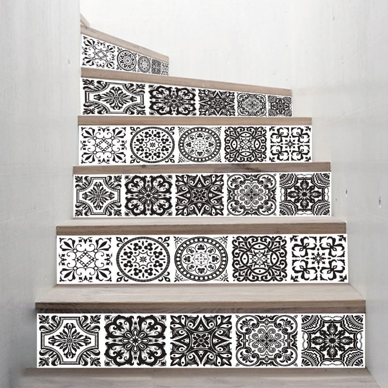 6 st / uppsättning 3d svart mandala trappa trappsteg golv klistermärke självhäftande diy trappa vattentät pvc väggdekaler heminredning
