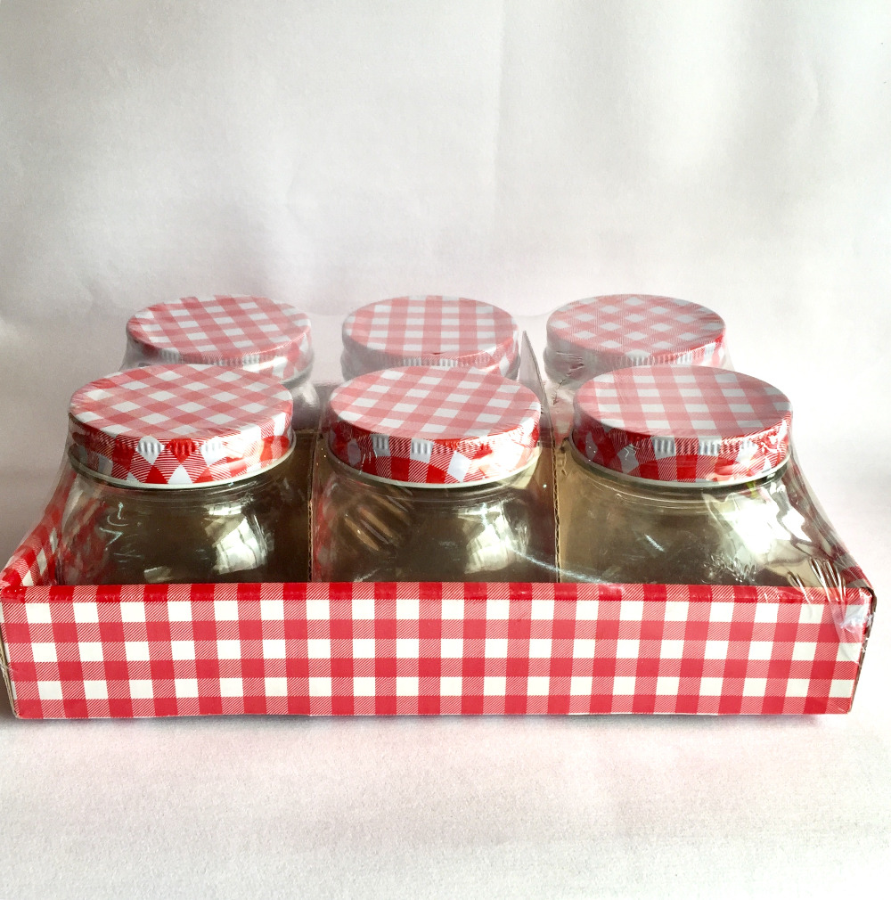 ! Bulk 6PCS 8oz 250ML Glass Mason Jam Jar With Red Checked Lids