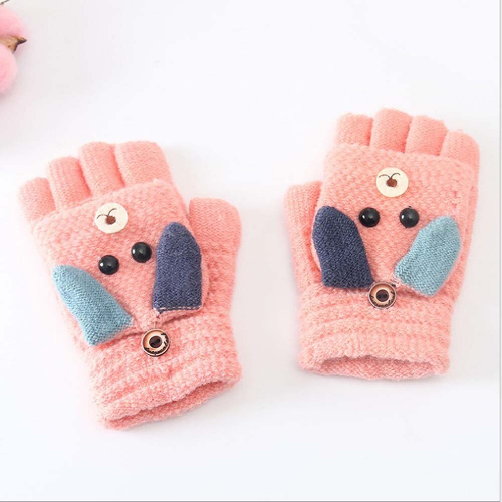 Baby Winter Gloves Children Girl Boy 6-12 Years Half Finger Flip Cover Gloves Boys Animal Warm Children Mittens Knitted Gloves: light pink