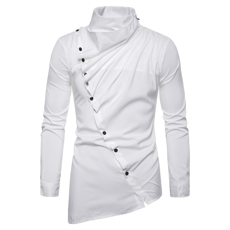 Lente Herfst Mannen Met Lange Mouwen Shirts High Street Tij Hoge Hals Shirt Solid Casual Hip Hop Streetwear Knop shirt Mannen: white / L
