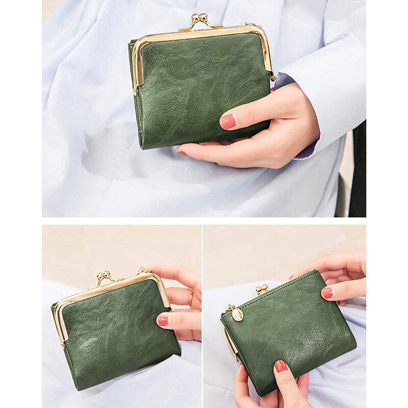 Vrouwen Portemonnee Korte Bifold Retro Multifunctionele Portemonnee Met Zip En Kus Lock Groene Pu Leer Vrouwelijke Korte Portemonnees