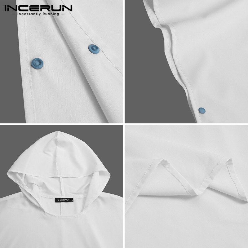 Men Robes Hooded Short Sleeve Quick Dry Solid Color Nightgown Leisure Bathrobes Button Homewear Mens Beach Robes INCERUN S-5XL