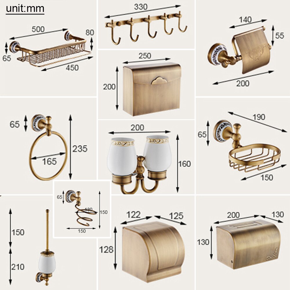 Badezimmerzubehör, antikes Durcheinander, luxuriöser Papierhalter, Toilettenbürstenständer, Warenkorb, Regal, Seifenschale, Handtuchring und Haartrockner