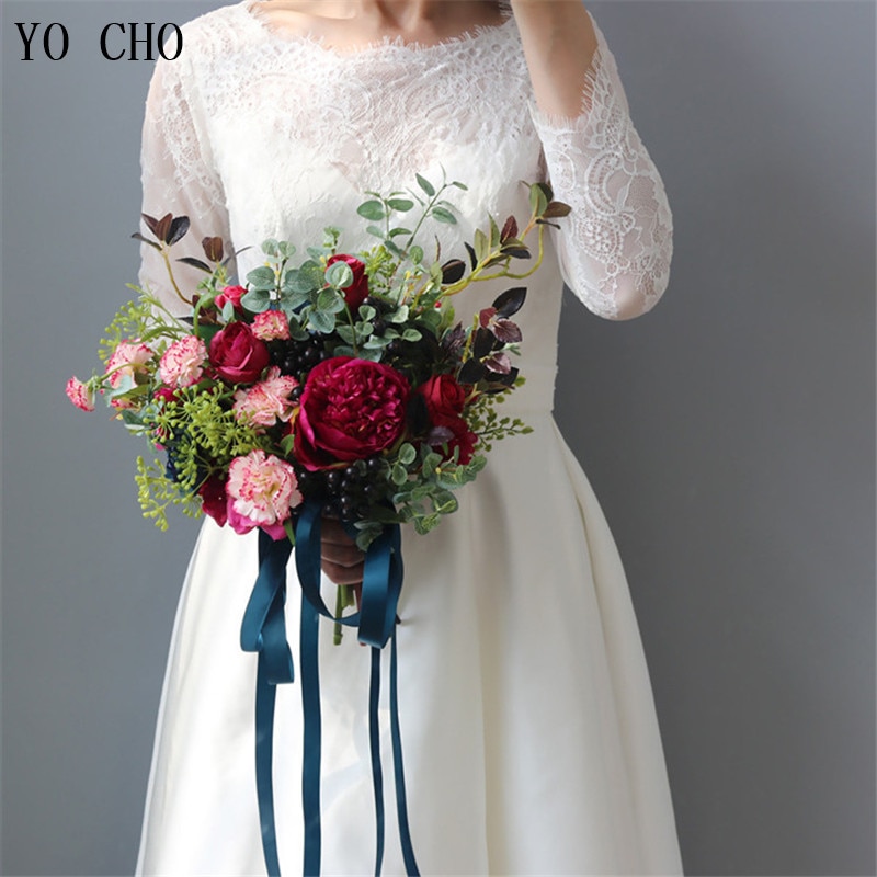YO CHO Mode Bruid Hand Bloemen Mooie Pioen Bruidsboeketten Kunstmatige Rose Zijden Bloemen DIY Boeket Witte Pioen Rode Roos