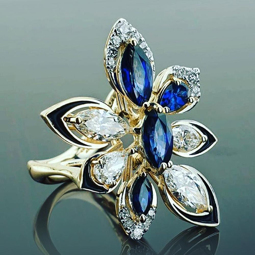 Huitan luksus guldfarve blomst bryllup kvinder ring udhulet dobbelt lag hvid & blå cubic zirconia ædle kvindelige ringe: 7
