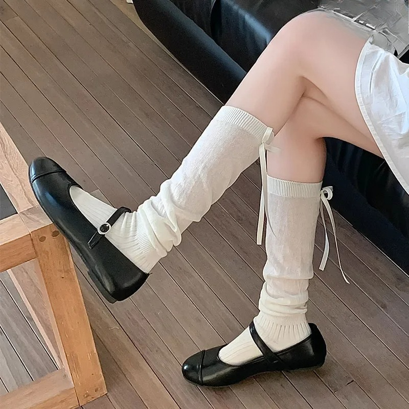 Lolita Long Socks Women Bandage Ribbon Bow Sweet Girls Kawaii Cute Middle Tube Socks Ballet Style Solid Color Black White Socks