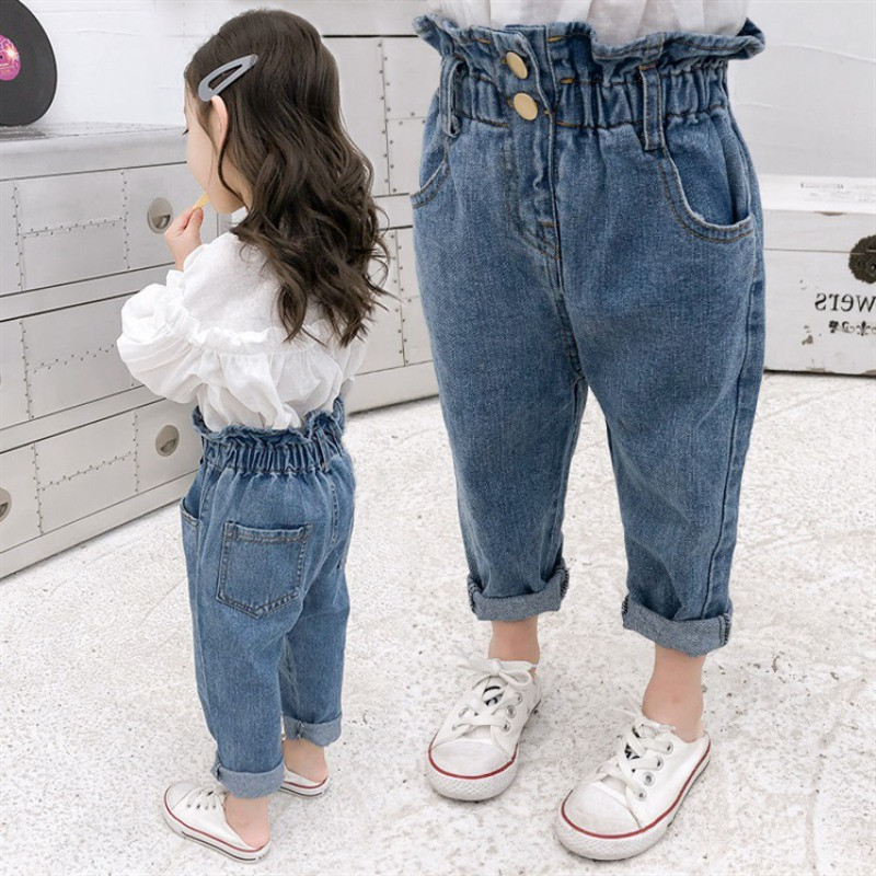 Forår efterår piger højtaljede jeans bukser bomuld casual baby fødder bukser teenager denim drenge jeans tøj