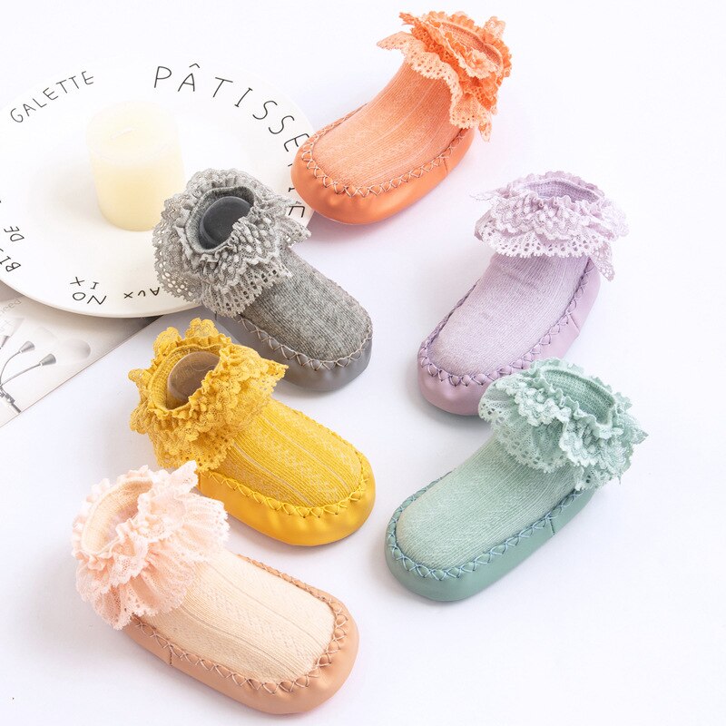 Sokken Meisje Kant Ruche Sokken Met Rubberen Zolen Voor Peuters Rubberen Zool Sokken Prinses Baby Sok Schoen slipper