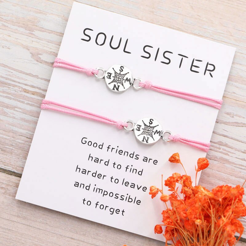 2Pcs/Set Soul Sister Compass Bracelet Friendship Long Distance Compass Charm Couple Bracelet Compass Jewelry Best Friend: Pink