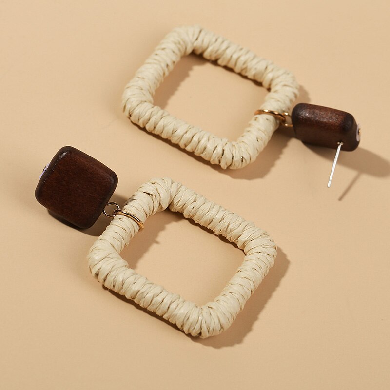 Female Bohemian Handmade Vine Rattan Straw Woven Dangle Earrings For Women Boho Geometric Square Wooden Earring Jewelry