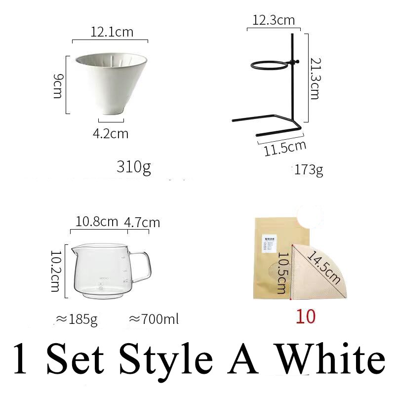 Juego de filtros de café hechos a mano con cafetera de vidrio V60, ollas de café hechas a mano, tetera de café, soporte para gotero: White Style A Set