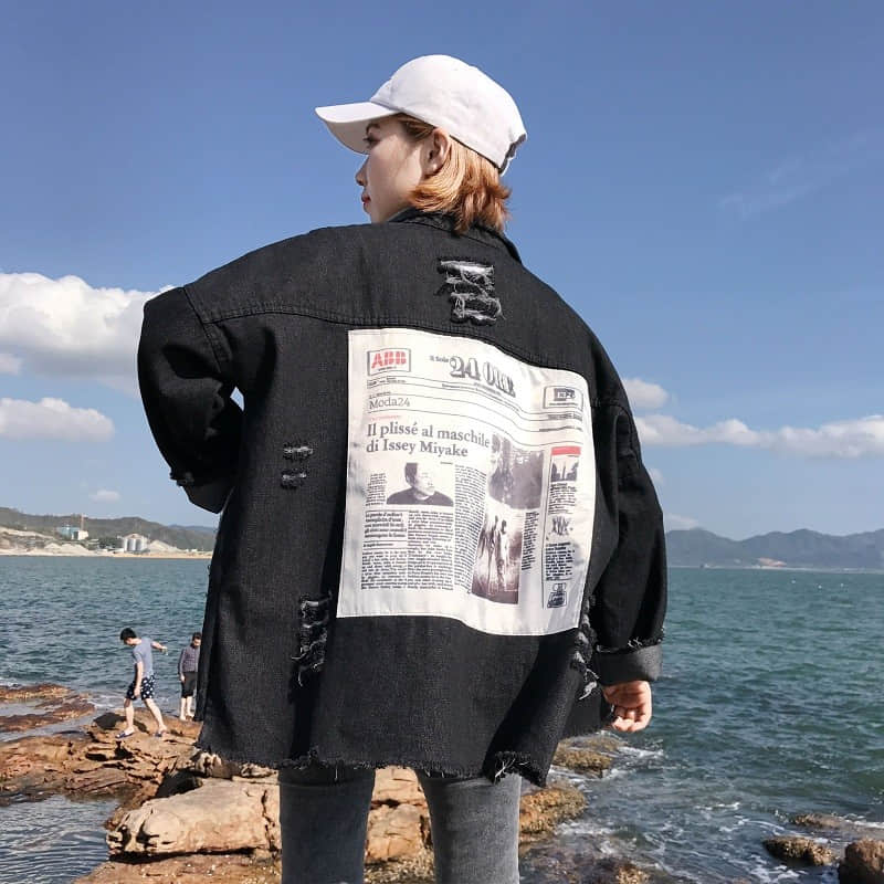 NiceMix Frühling Denim Mantel Frauen Lange Hülse Plus Größe Gedruckt Jean Jacke Loch Freund Stil Streetwear Jacken Mantel