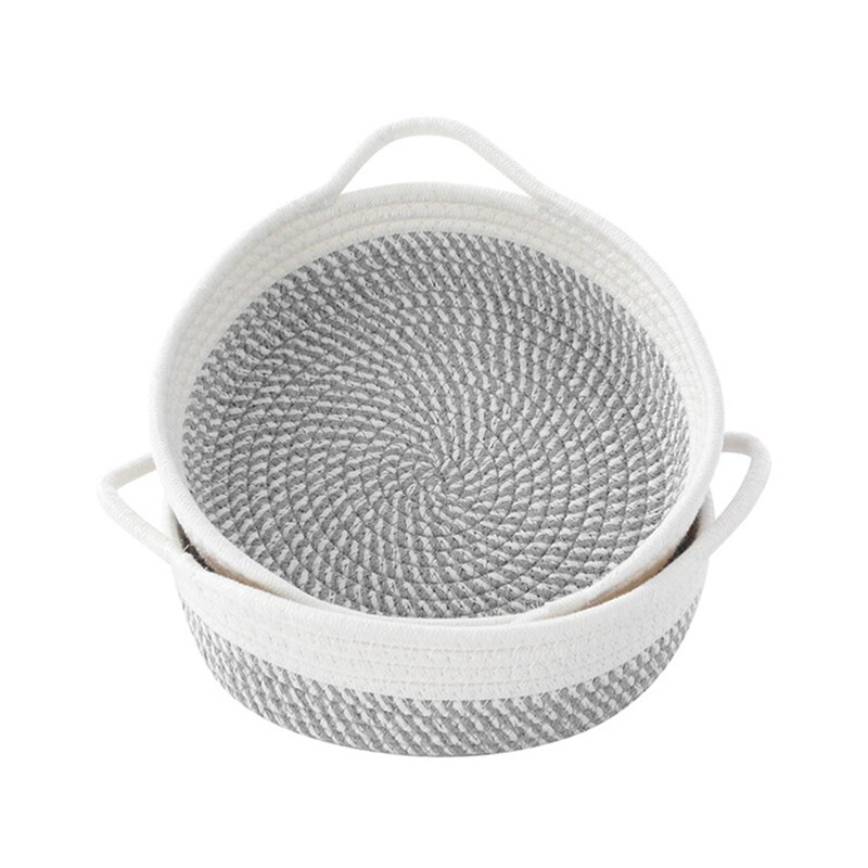 Paquete de 2 cestas de cuerda de algodón, canasta de almacenamiento tejida pequeña, bandeja de tela, tazón, plato abierto redondo para frutas, joyería, llaves: White   Light Gray