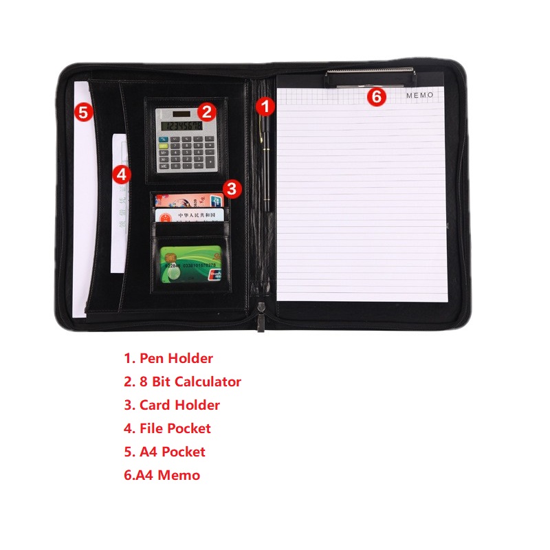 Main A4 Taille En Cuir Liant Portefeuille Document Organisateur Dossier D'affaires avec Presse-papiers Calculatrice Poignée Fermeture Éclair