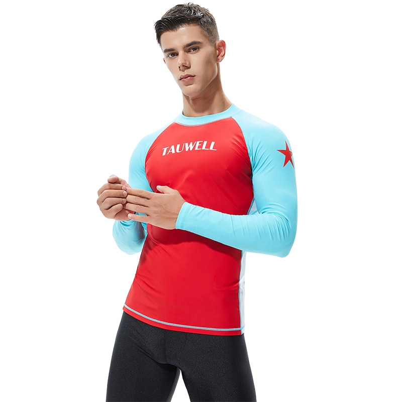 Mænd langærmet svømning tynde t-shirts udslæt vagt himmelblå rød patchwork rashguard svømme surfskjorter mand lange badedragt tees