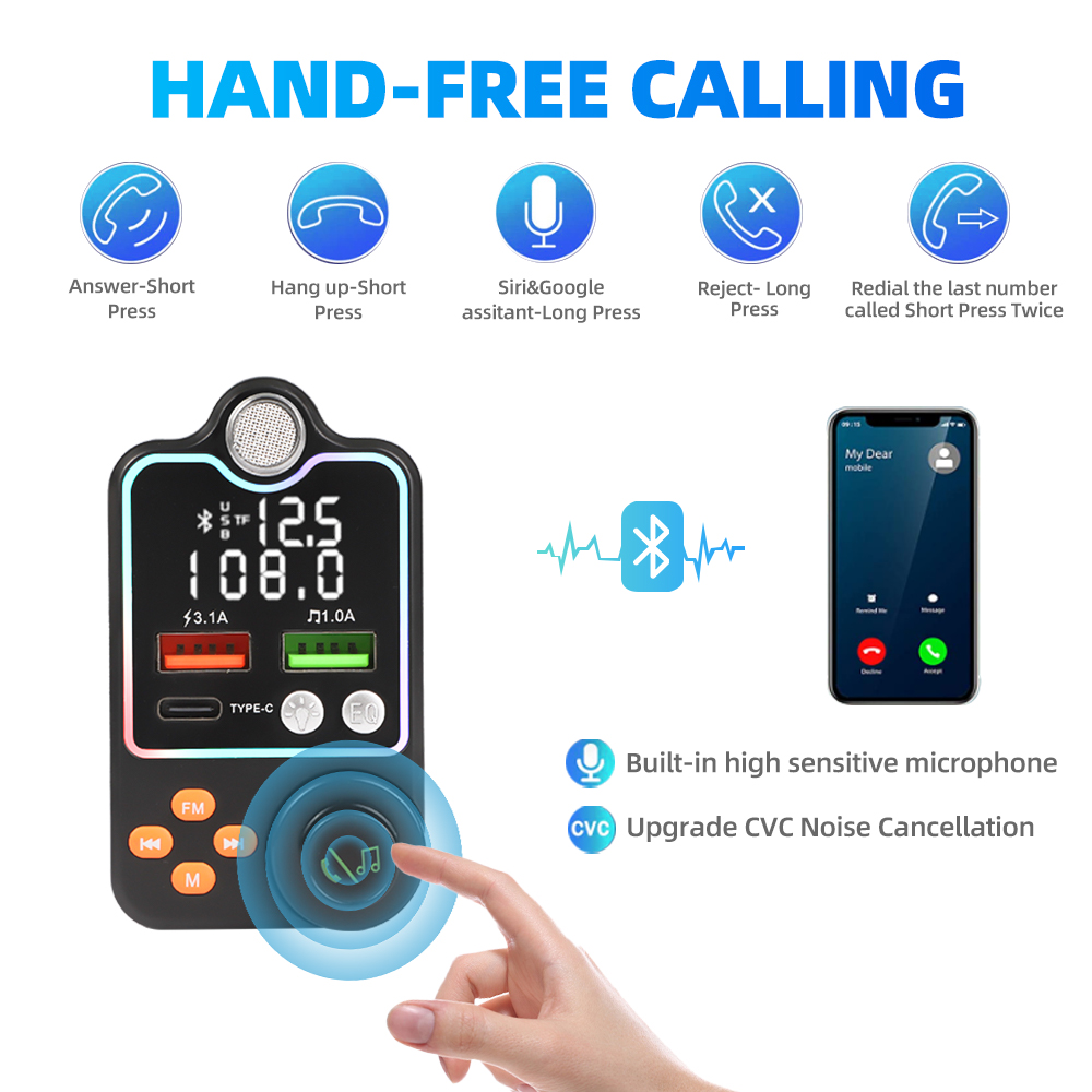 Bluetooth 5.0 Car FM Transmitter Dual USB Car Charger PD Type-C Fast Charging Wireless Handsfree Call Audio Receiver MP3 Player
