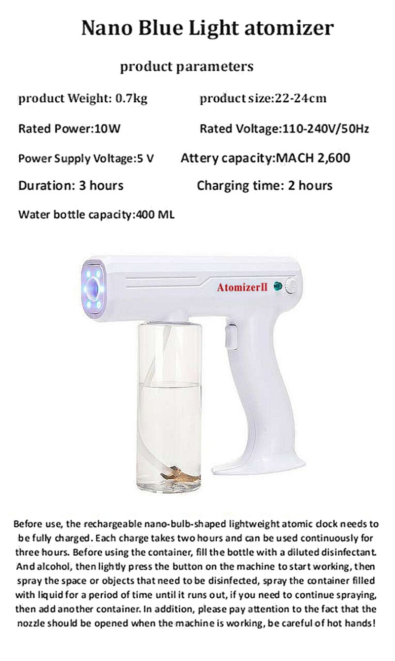 800 ML Wireless Electric Sanitizer Sprayer Disinfects Blue Light Nano Steam Spray Gun Sterilizing Nano Spray Gun