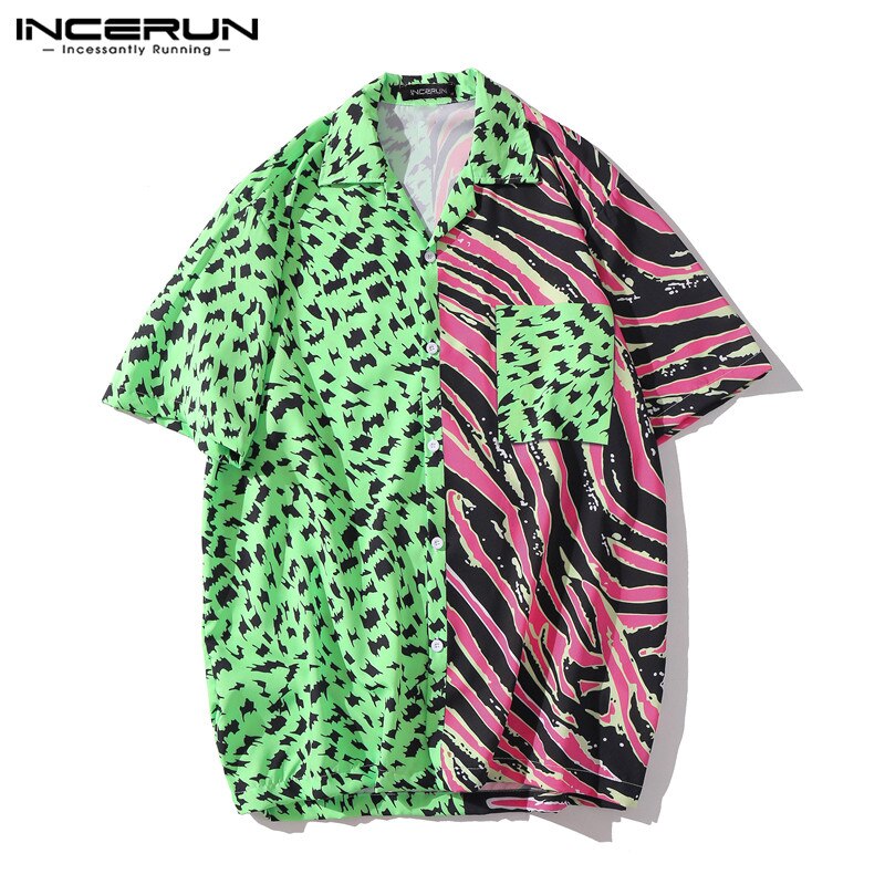 Sommer mænd skjorte print patchwork kortærmet revers stilfuld personlighed strand mænd hawaiiansk skjorter streetwear camisa incerun