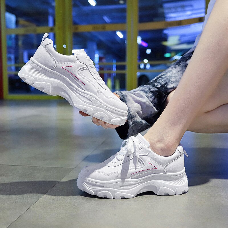 Chunky Sneakers Women Shoes Woman Flats Lace Up Thick Bottom High Heels Platform Students White Casual Shoes Plus Size