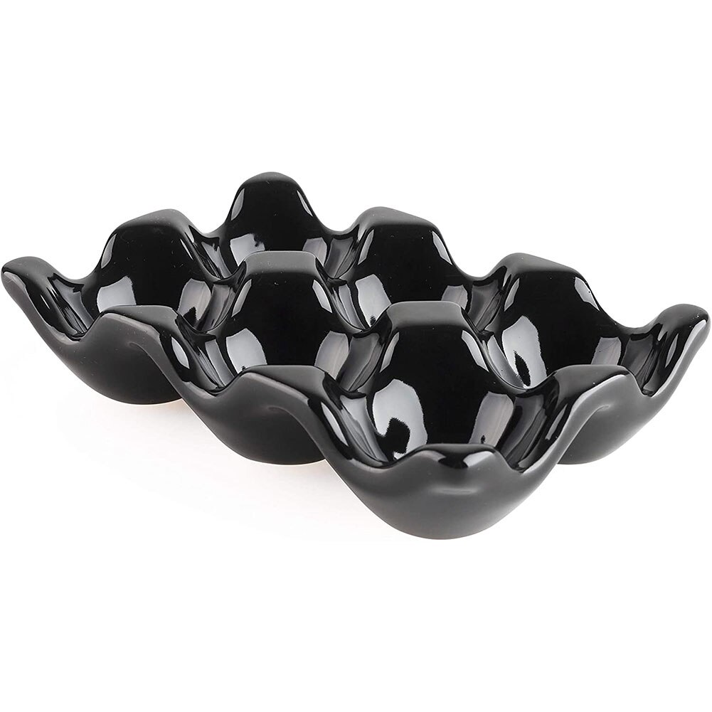 Egg Tray Ceramic Egg Holder Egg Storage Container Porcelain Dispenser Organizer Anti-Slip 6 Grids For Kitchen Countertop Fridge: Black