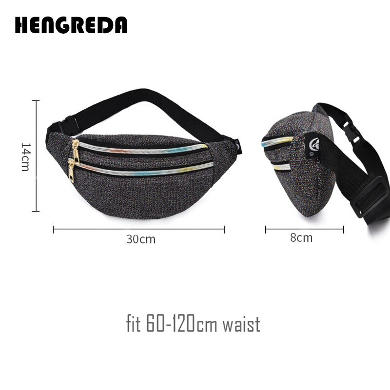 Fanny Pack Women Waist Bag Travel Belt Hip Bum Bag Oxford Pouch Hengreda Shiny Zipper Pocket Purse for Moblie Phone Key