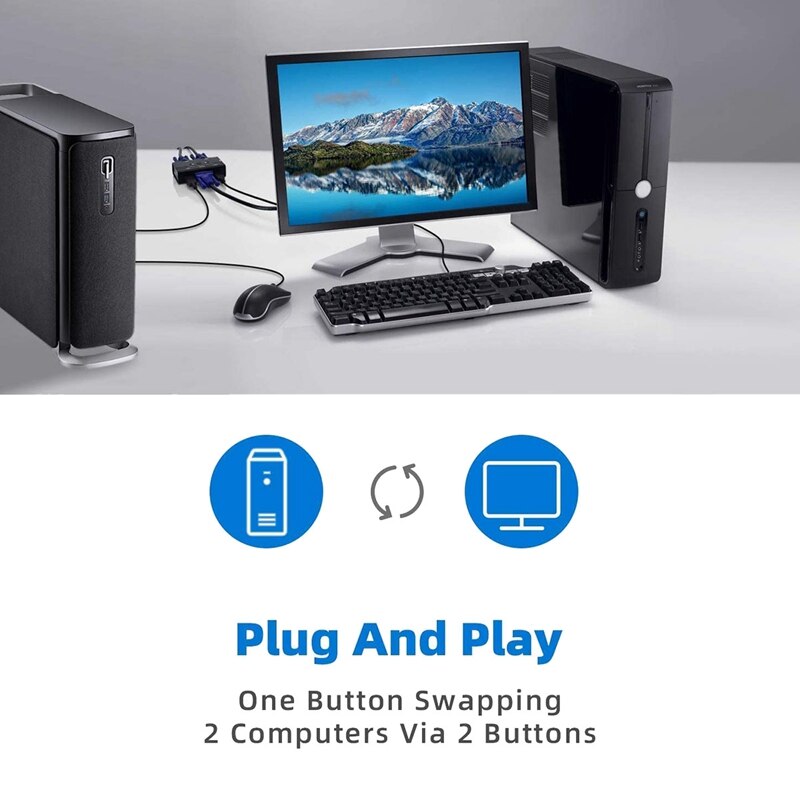 USB VGA KVM Switch with Cables, 2 Port Selector Switcher for 2PC Sharing 1 Video Monitor and 3 USB Devices, Keyboard