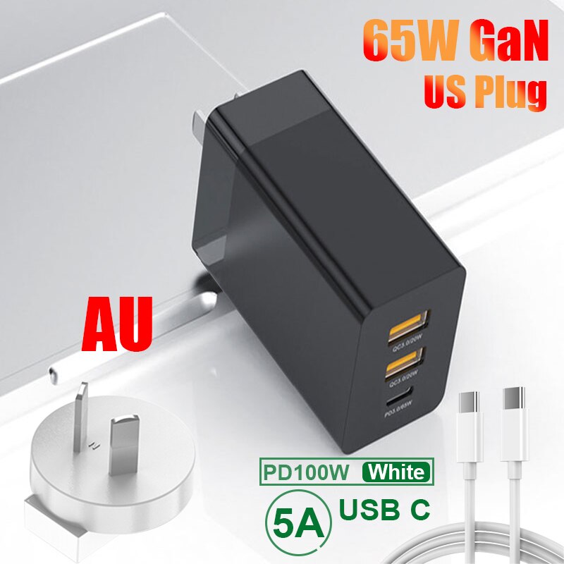 65W USB Fast Charging Adapter Universal PD Type C Quik Charge 3.0 GaN Charger For Samsung Xiaomi iPhone 12 11 Pro Mobile Phone: Black / AU-Data line