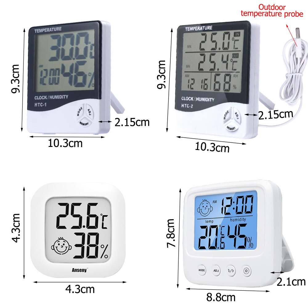 Thermomètre et Hygromètre Numérique LCD, avec un Affichage Électronique de la Température et de l&#39;Humidité, pour l&#39;Intérieur et l&#39;Extérieur, une Fonction de Station Météo et Horloge, Numéro de Modèle HTC-1/HTC-2