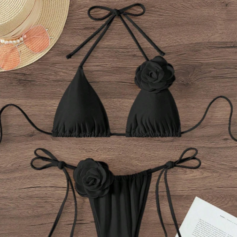 S - L Sexy 3D flores Halter Bikini con tiras mujeres traje de baño traje de baño femenino conjunto de Bikini de dos piezas bañista traje de baño nadar