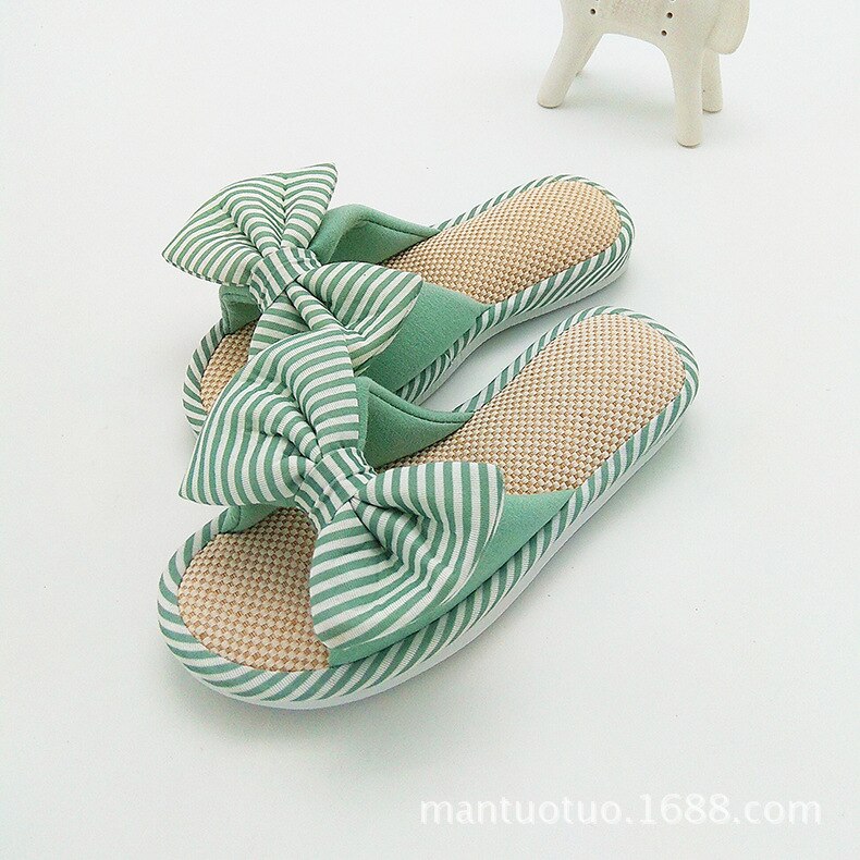 Intérieur maison pantoufles couleur bonbon printemps femmes chambre dessin animé noeud papillon dames diapositives confortable coton plancher lin maison chaussures: green / 38