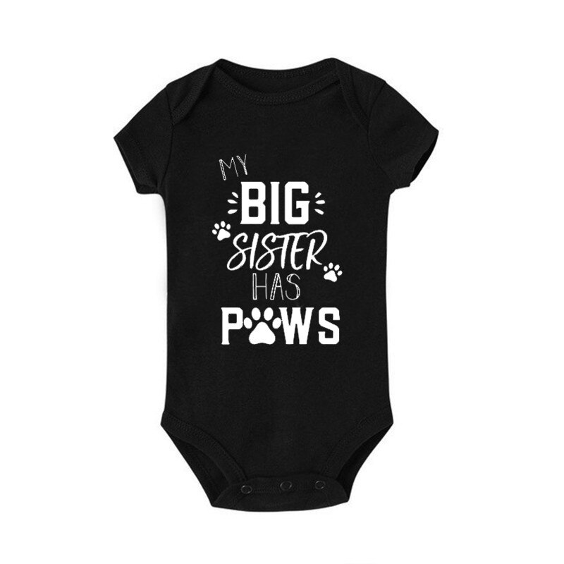 Mijn Grote Zus Heeft Poten Print Baby Bodysuit Zomer Pasgeboren Korte Mouw Katoenen Baby Jongen Meisje Jumpsuit Baby Kleding Outfits 0-18M: Black / 12m