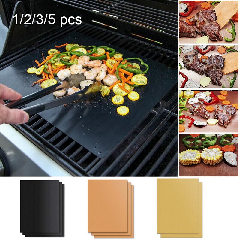 Non-Stick BBQ Grill And Baking Mats Reusable Telfon Coooking Plate For Party PTFE Grill Pad Barbecue Outdoor Set Of 1/2/3/5^1