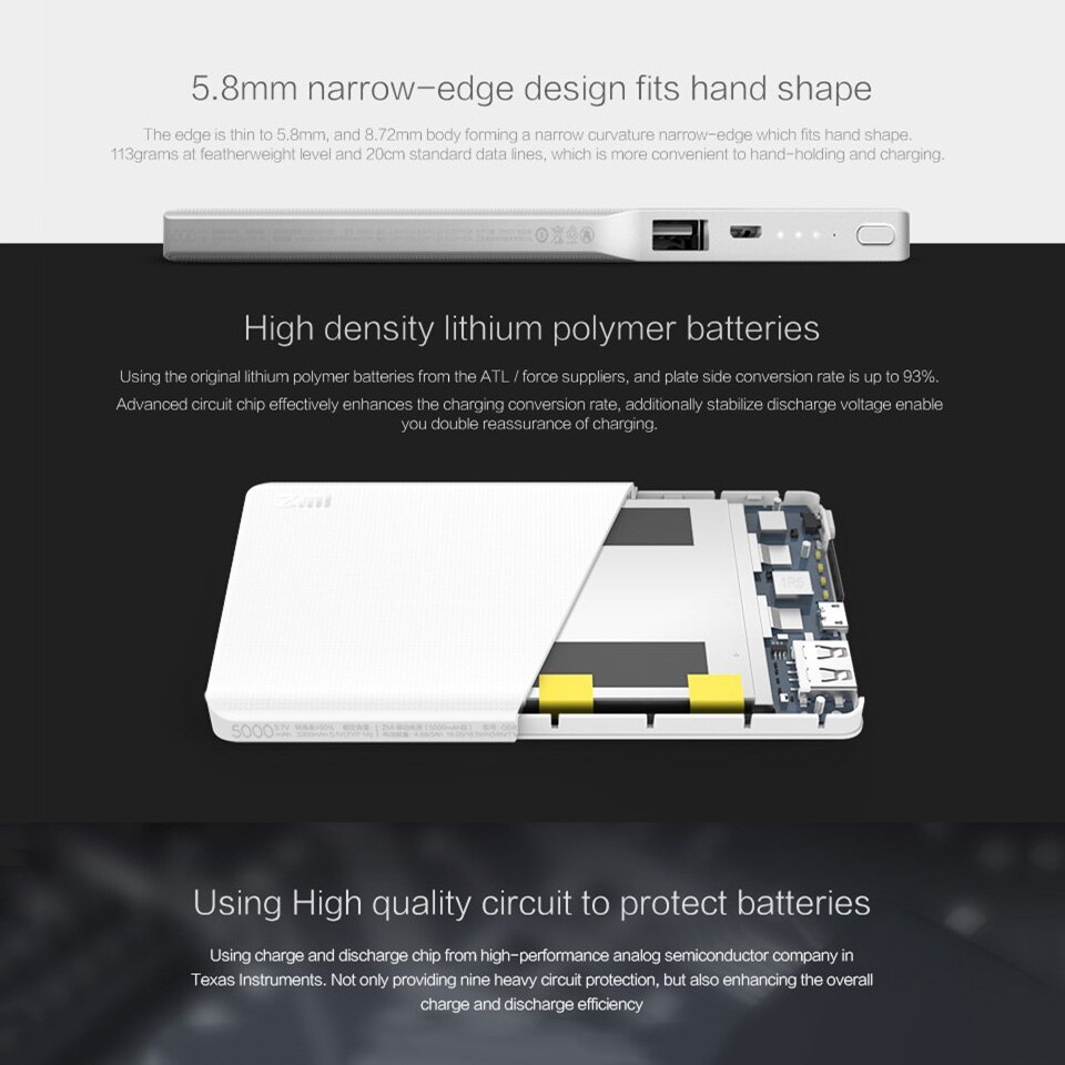 ZMI 5000 mAh Power Bank 5000mAh Powerbank external battery portable charging Two-way Quick Charge 2.0 for iPhone
