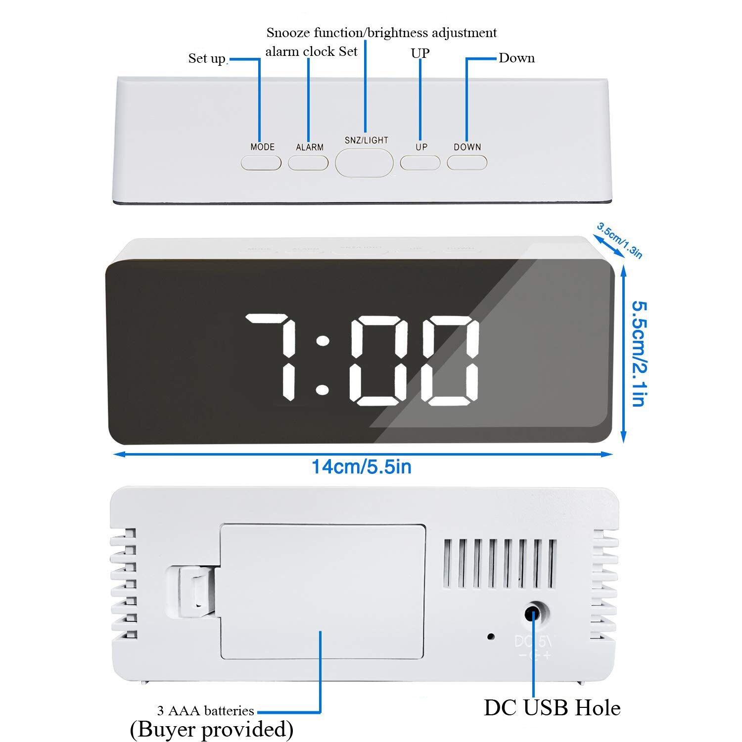 Led-spiegel digitale wekker snooze tafelklok weklamp elektronische temperatuur usb despertador woondecoratie