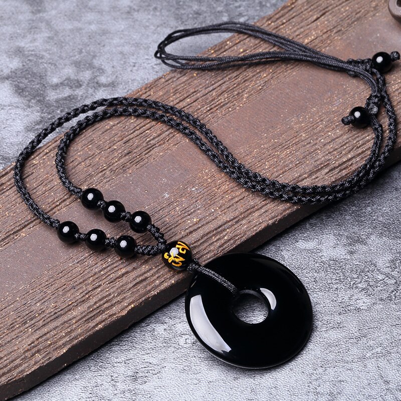 Natuurlijke Zwarte Obsidiaan Zegen Gesp Hanger Ketting Mode Charme Sieraden Hand-Gesneden Lucky Amulet Voor Vrouwen Mannen