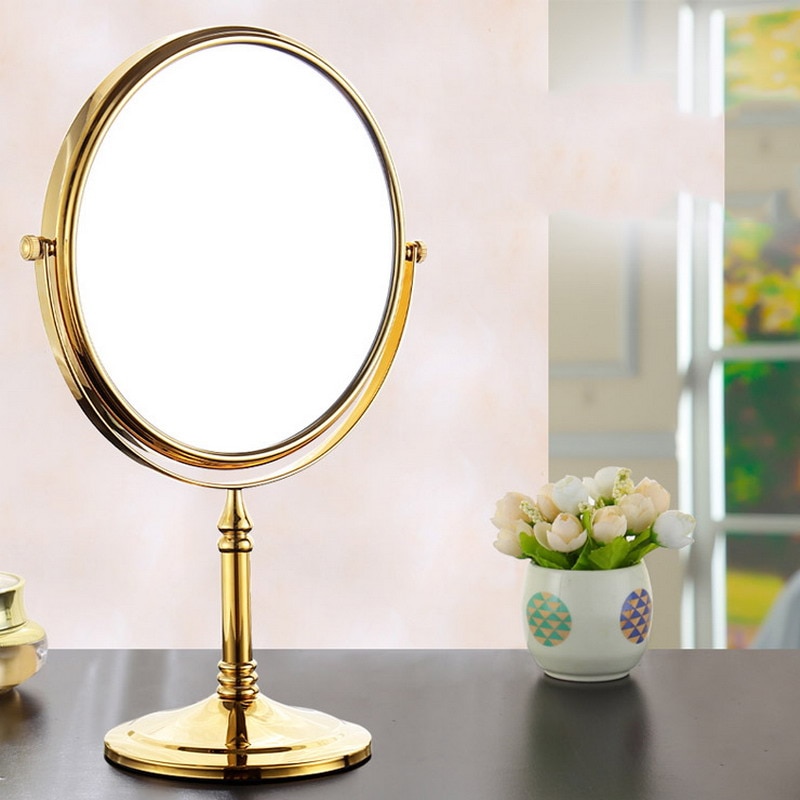 Luxury Golden Brass Makeup Mirror 8 inch Round Dual Sided Mirror 360-Degree Rotating Stand Vanity Magnifier Mirror