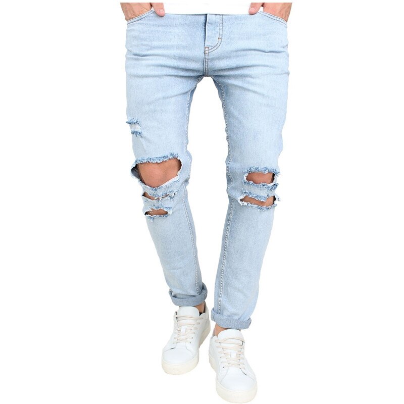 Märke man knä stort hål jeans vårtvätt ljusblå jeansbyxor herr nödställda slitna skinny jeans herr: 30