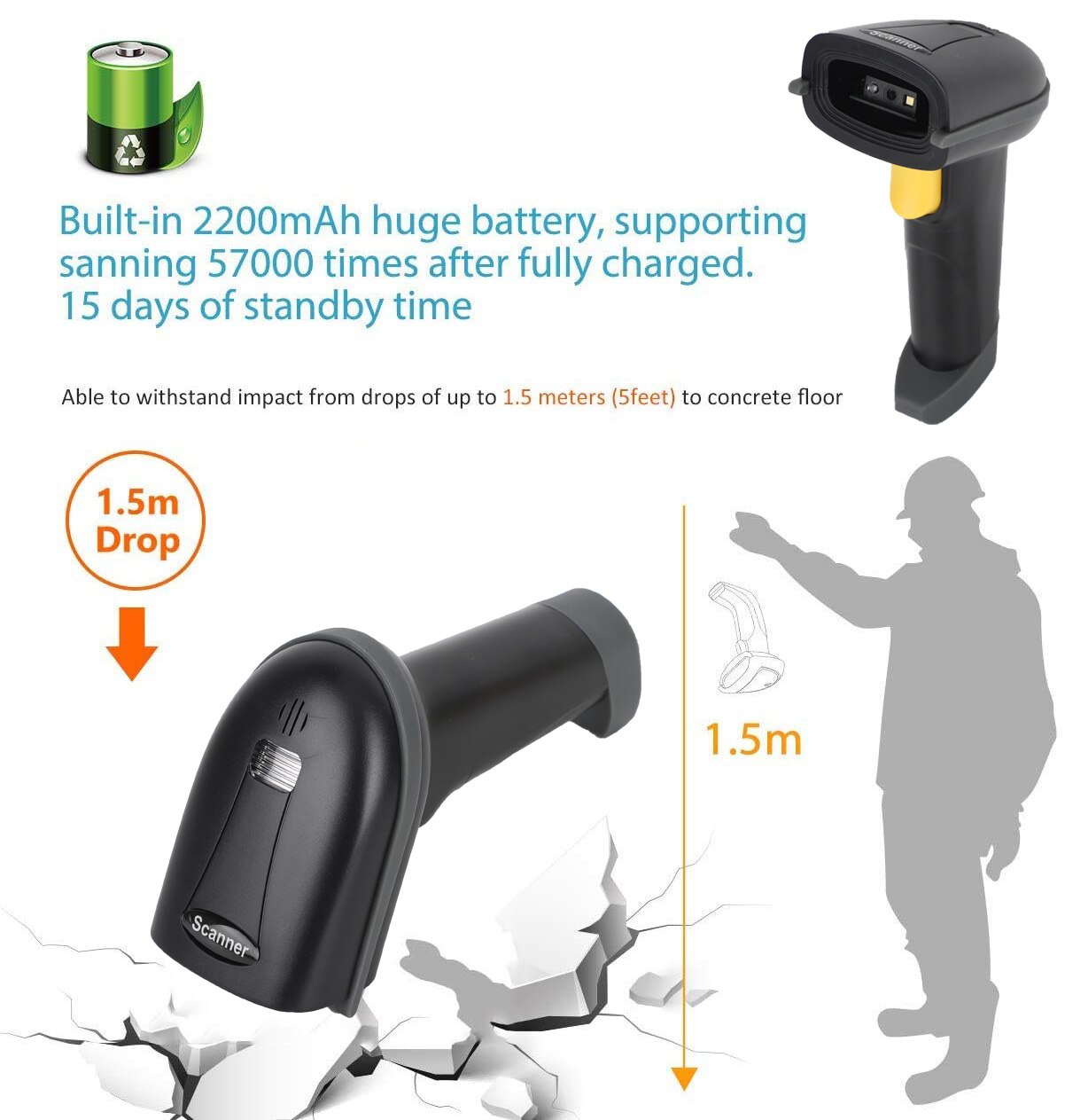 HSTEM 1D 2D Barcode Scanner Handheld 2.4G Bluetooth Wireless USB Wired Bar Code Reader Support For Data Matrix PDF417 QR Code