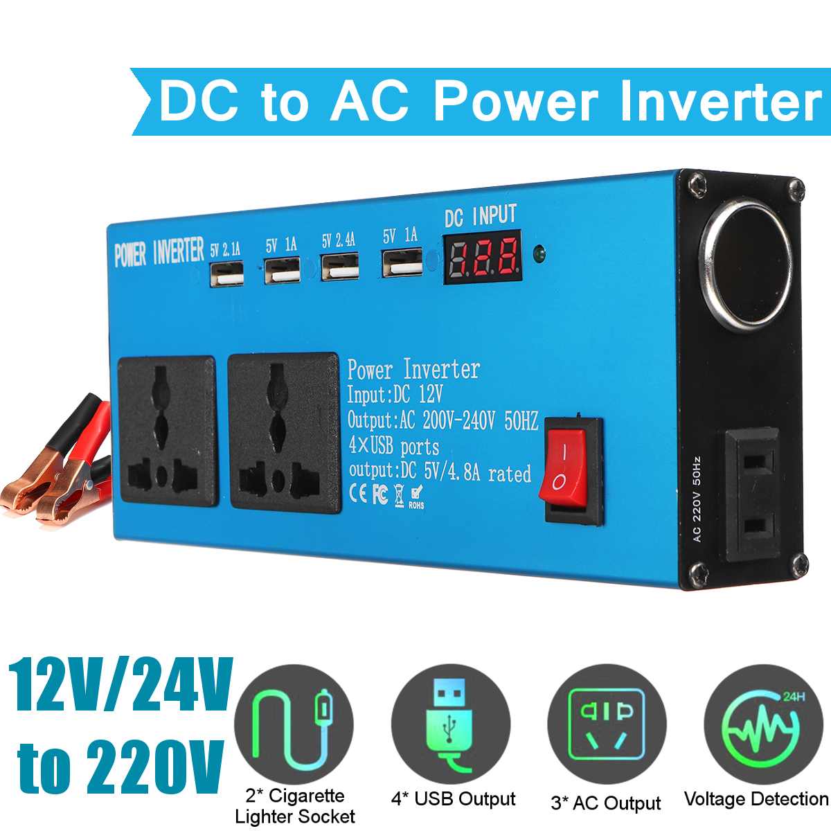500 W auto omvormer DC 12 V naar AC 220 V/110 V gemodificeerde sinus omvormer met slim LCD-scherm dubbele USB-oplader (zwart 500W 12V 220V