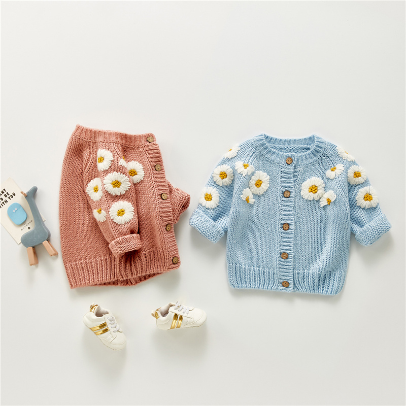 Blotona – Cardigan tricoté pour bébés filles, haut décontracté à col rond et manches longues, avec broderie marguerite, à simple boutonnage, pour l&#39;automne et l&#39;hiver