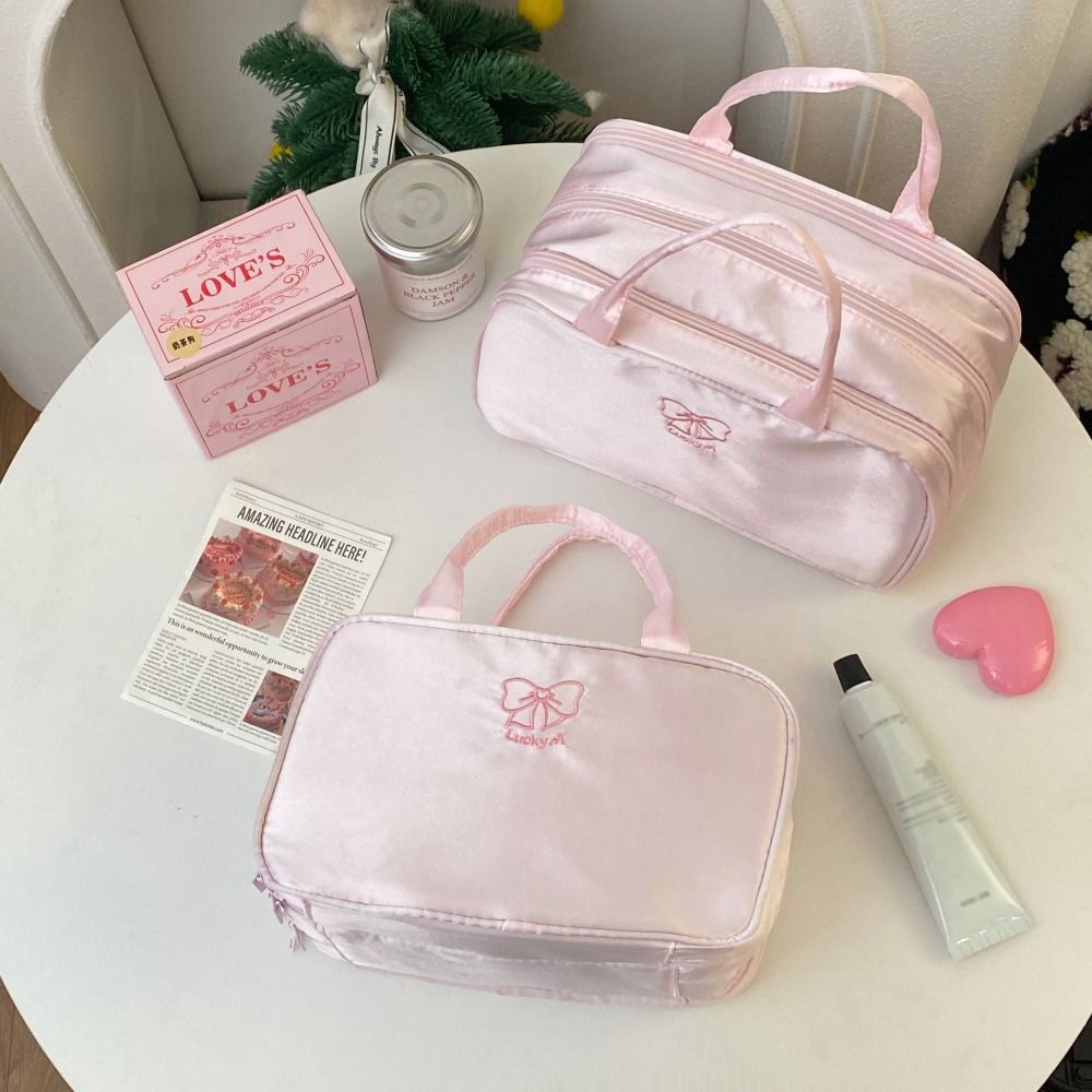 Toilettas Organisator Grote Capaciteit Boog Make-up Tas Roze Doek Toiletartikelen Tas Multifunctionele Waterdichte Reistas Meisjes