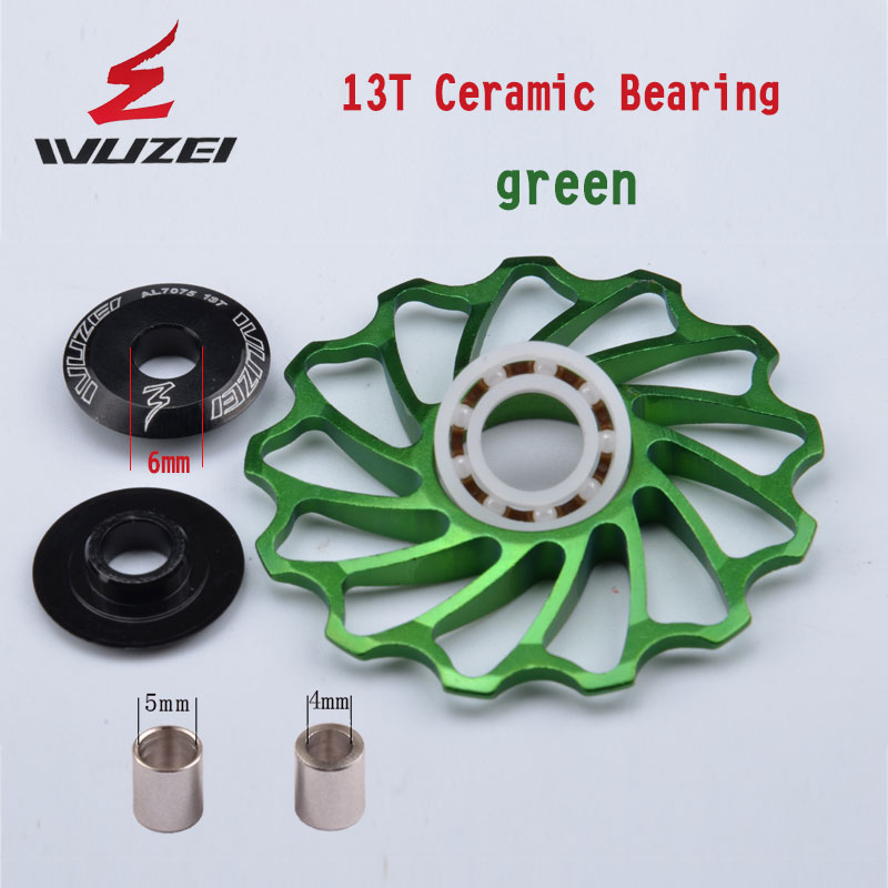 WUZEI — 2 pièces, roue dentée et galet pour dérailleur arrière, à 11, 12 et 13 dents, en céramique et alliage aluminium, pour vtt, guide poulies en céramique: 13T green