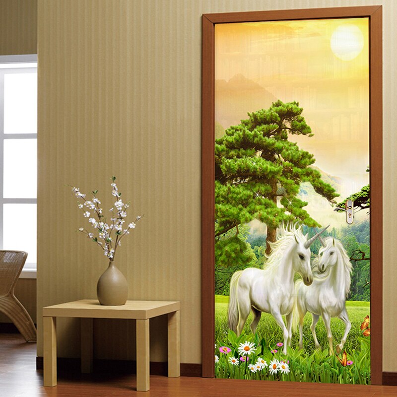 2 stuks/set Zelfklevende Deur Sticker 3D Bos Dier Behang Woonkamer Home Decor Plakken PVC Waterdichte Deur Muur sticker